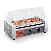 CROSSON Hot Dog 7 Roller Grill Cooker Machine with Transparent Sneeze Guard,7 Nonstick 304SS Rollers and Dual Temp Control,Commercial Hot Dog Cooker Machine-120V, 1050W