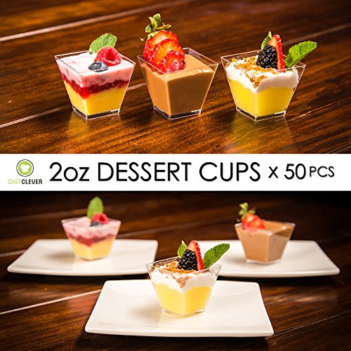DLux 50 x 2 oz Mini Dessert Cups with Spoons, Square Short Clear