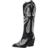Hamesk Cowboy Boots for Women Wide Calf Cowgirl Boot Embroidered Western Pointed Toe Chunky Heel Pull On Knee High Retro Tall Boot Ladies Boots Black 8.5