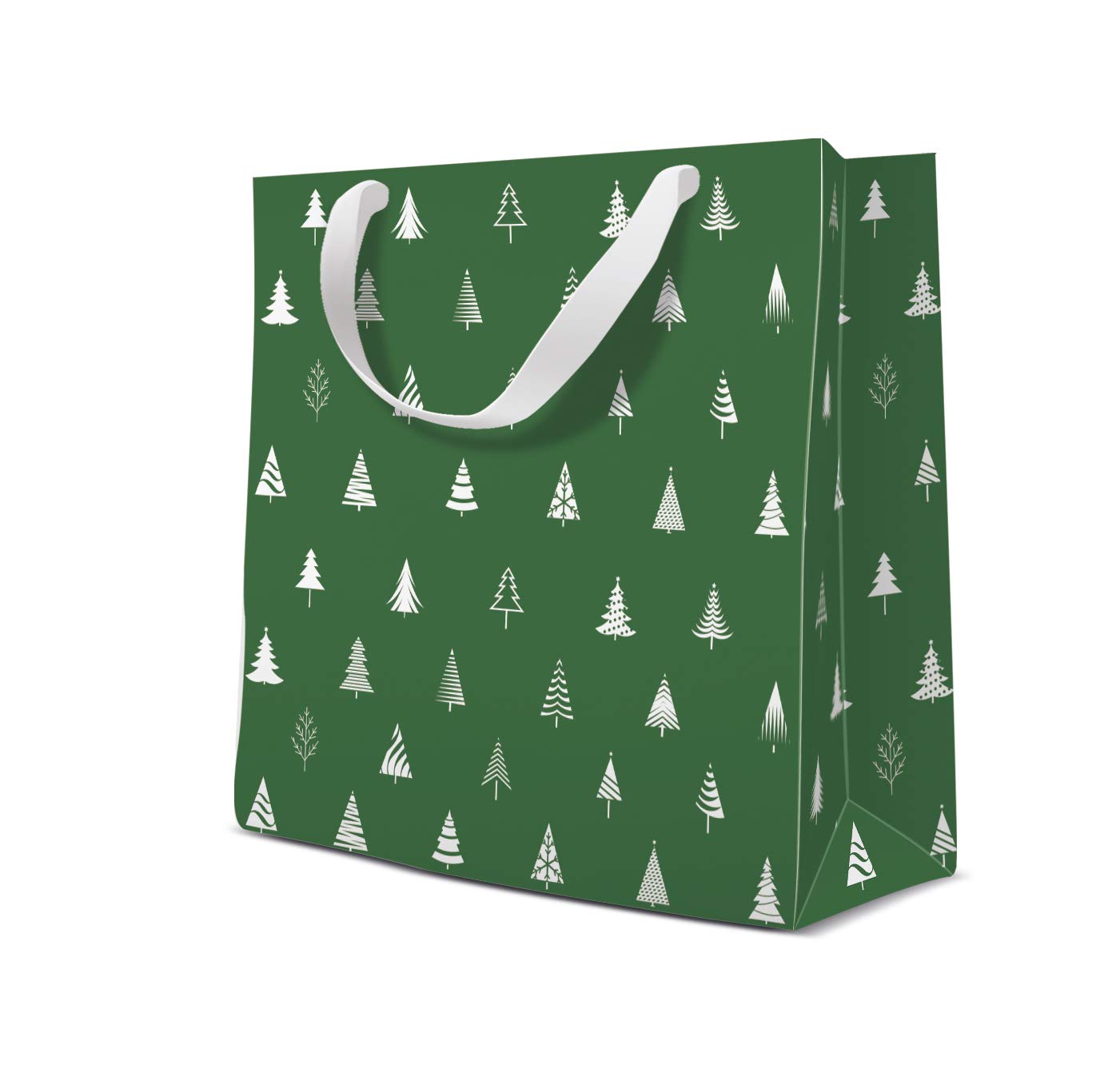 Pack of 10 - Green Trees Xmas Gift Bag Christmas Bag (Square 17cm x 6cm x 17cm)