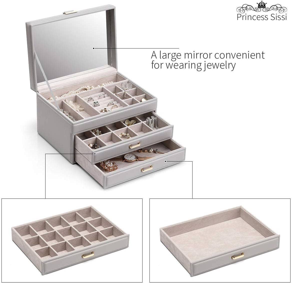 Vlando Jewelry Organizer Box Large-Capacity Jewelry Storage Box, Mirror Jewelry Storage Box, Girl/Woman Earrings, Necklace, Bracelet (Grey, Mirror Lid): Home Improvement
