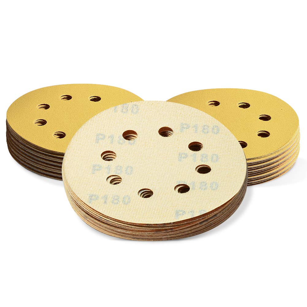 SPEEDWOX 50 Pcs 5 Inches 8 Hole Sanding Discs 180 Grit Dustless Hook and Loop Sandpaper for Random Orbital Sander Yellow Finishing Discs for Automotive Woodworking