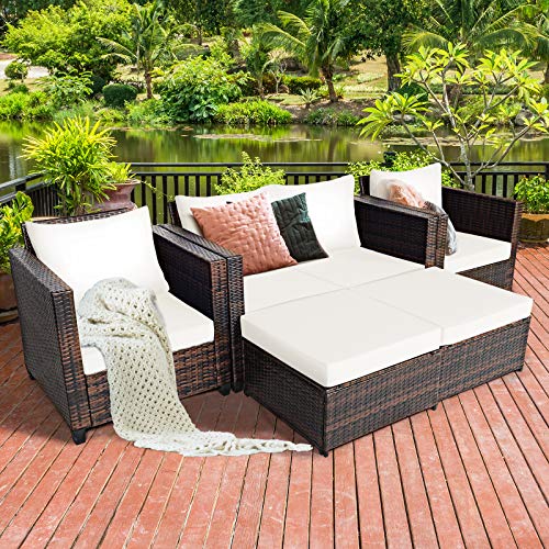 Tangkula 5 Pieces Patio Furniture Set, Outdoor Rattan Sofa Set w
