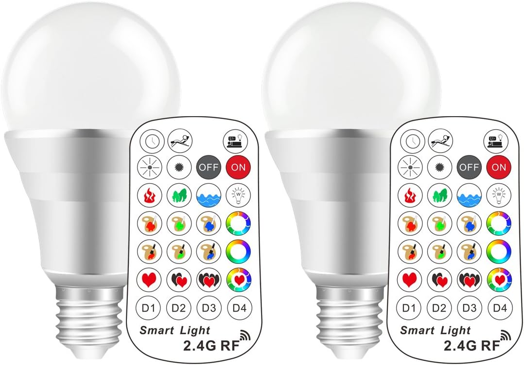 Yangcsl 10W Dimmable LED Light Bulbs, E26 Color Changing Smart Light Bulb with 2.4G RF Remote Control (4-Zone), RGB & Daylight White (Pack of 2)