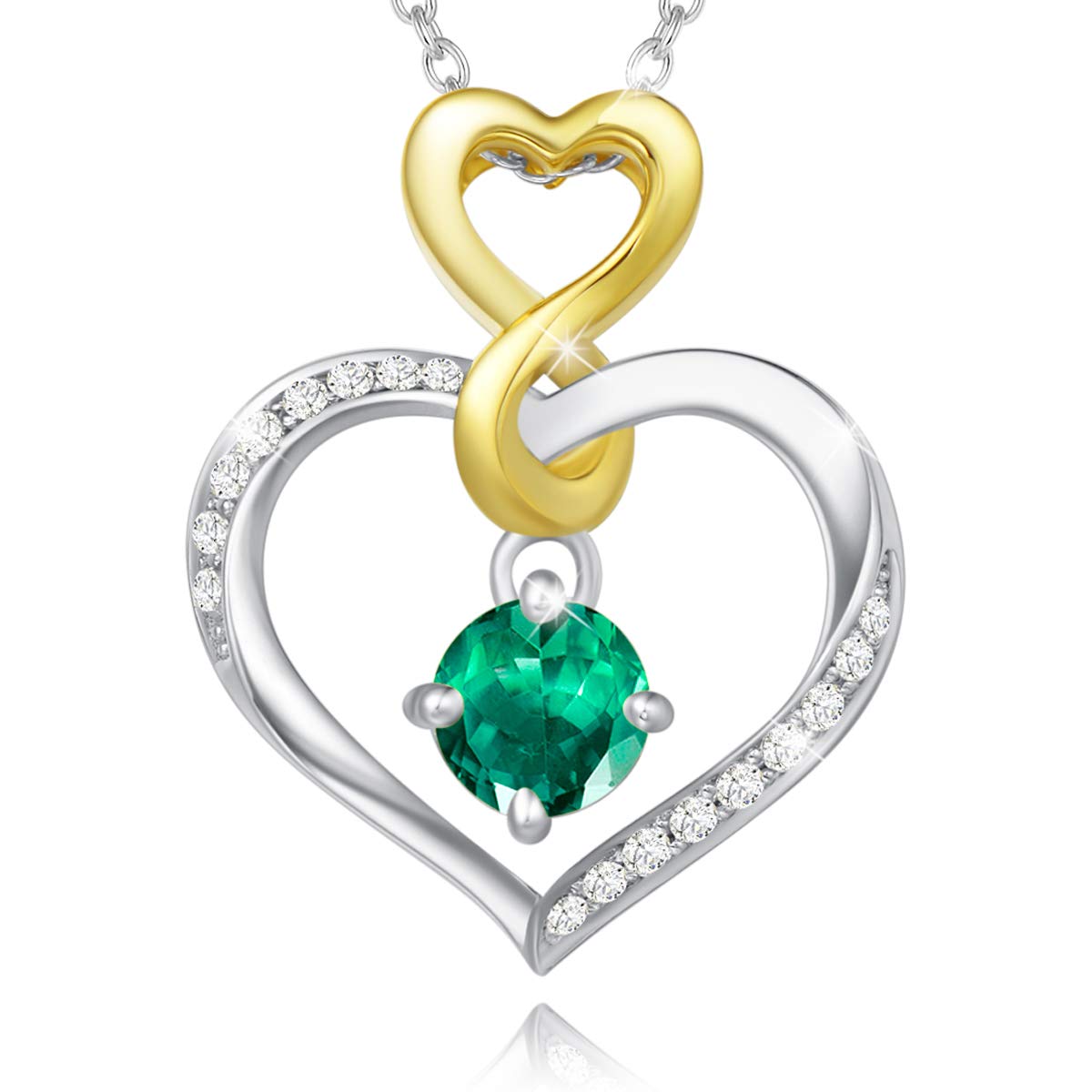 AGVANA Love Heart Women Necklace With Emerald Gemstone Pendant Birthstone Gift Made of 925 Sterling Silver Necklace for Women Girls with Gift Box, Chain Length 40 + 5 cm