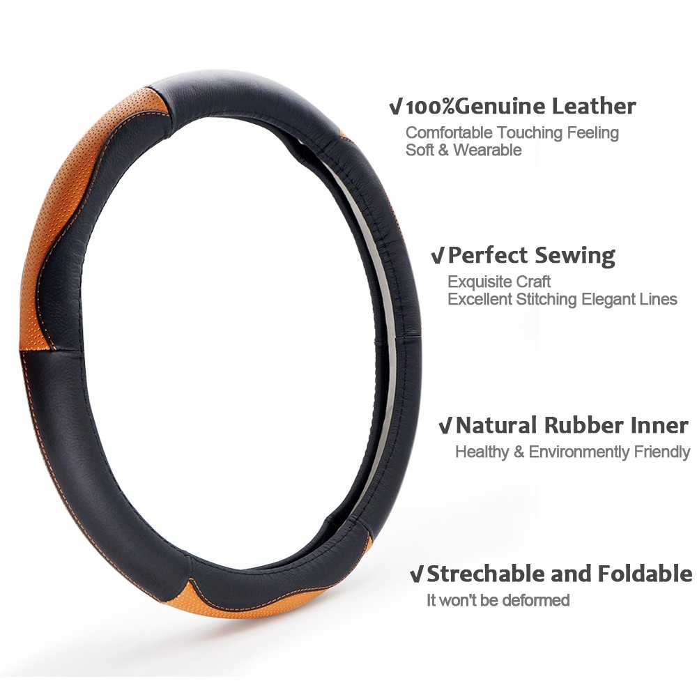 LOCEN Genuine Leather Car Steering Wheel Cover - A STYLE - Black with Brown (Outer Diameter 35CM-36CM)