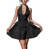 ChiaoLezhee Halter V Neck Mini Dress, Jacquard Bow A Line, Homecoming Prom, Sexy Short Dresses for Women HOCO Formal Birthday