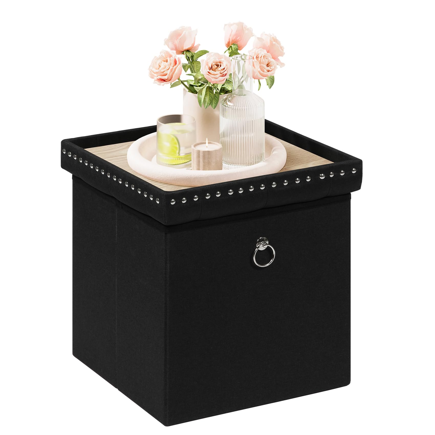 Bonlife Black Folding Ottoman Storage Box with Tray,Cube Kids Toy Chest with Lid,Linen Footstool with Storage Seat,40X40X40CM
