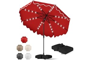 Tangkula 10 FT Solar Patio Umbrella with Base Included, 2-Tiers Outdoor Scalloped Table Umbrella with 32 LED Lights, 2 Sandba