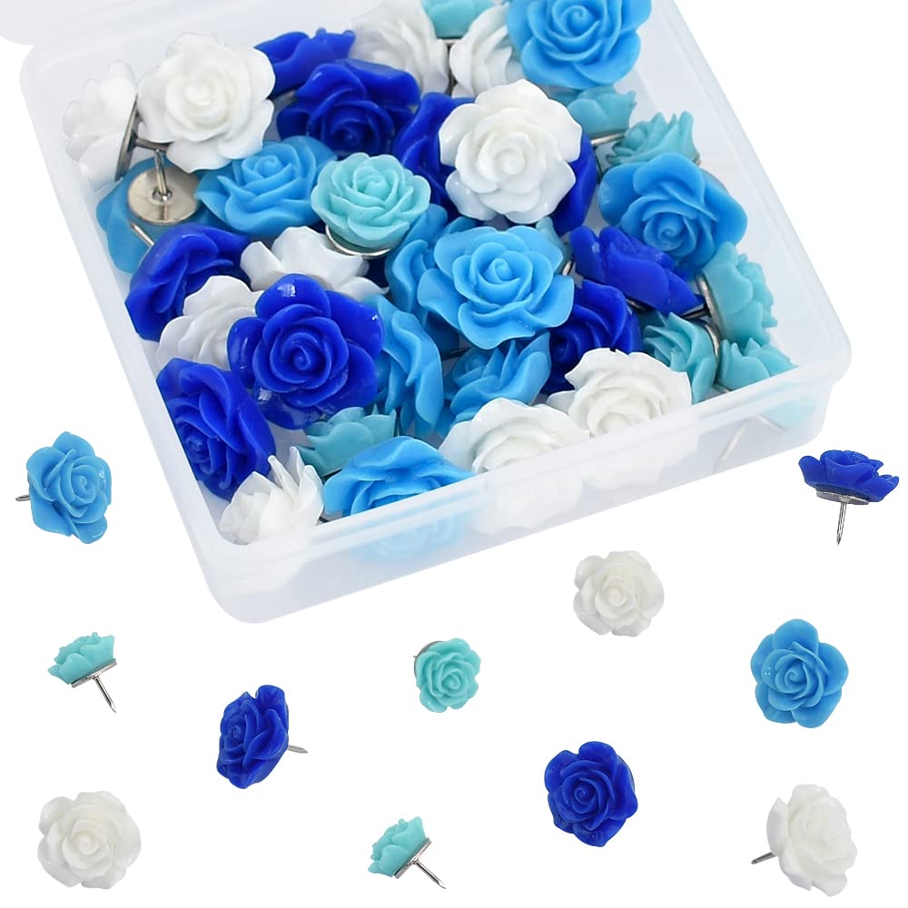 Vuzvuv Blue Rose Flower Push Pin with Gradient Color for Bulletin Board,Decorative Cute Thumbtacks Floret Flower Push Pins for School, Home, Office