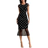 winkbay Women's Vintage Polka Dots Midi Dress Elegant Mesh Crew Neck Bodycon Fishtail Evening Party Dresses
