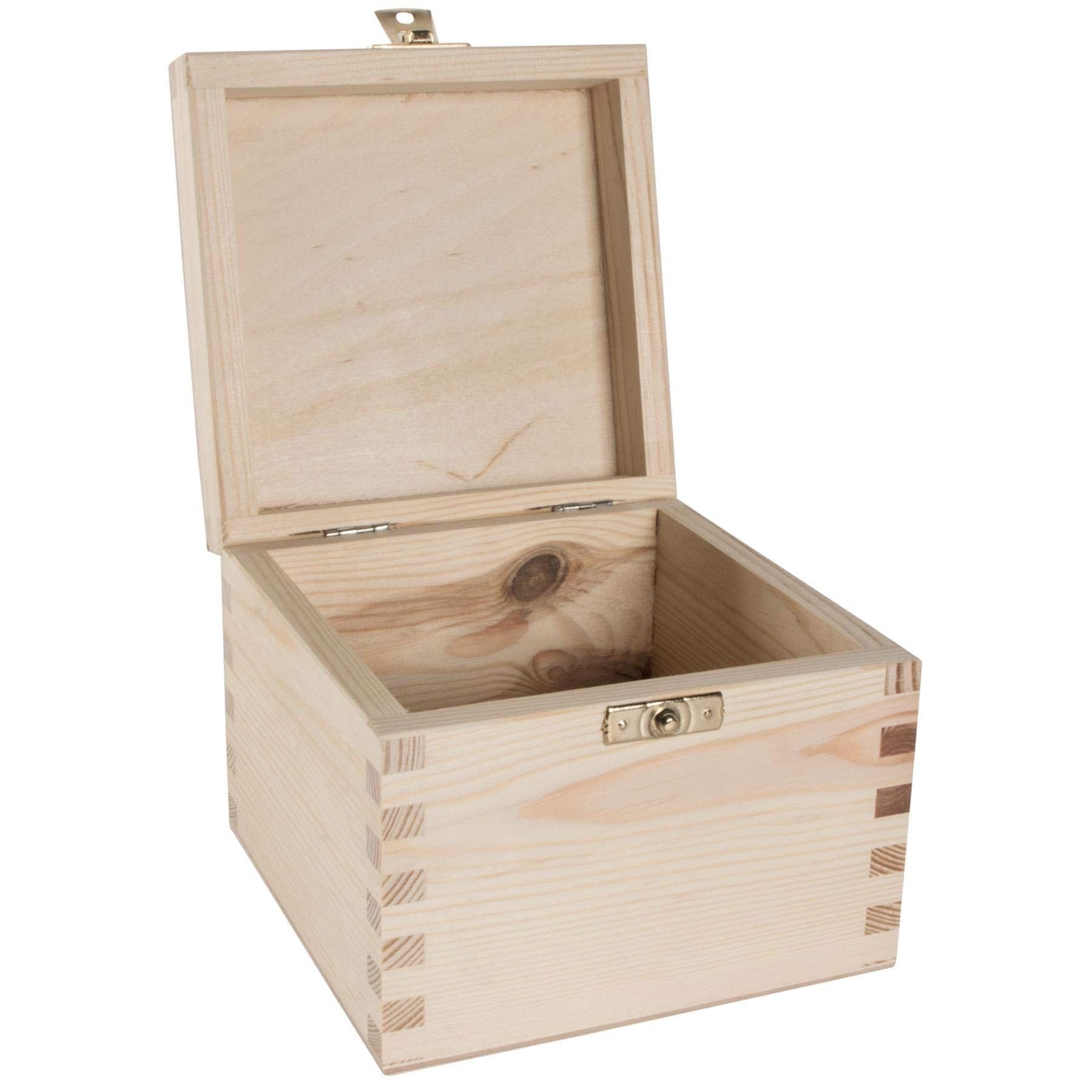 WooDeeDoo Large Square Wooden Box with Clasp and Hinged Lid – 13 x 13 x 10.5 cm – Pine Keepsake Storage Cube for Jewellery Gifts Crafts DIY Personalised Decoration Home Organisation Projects