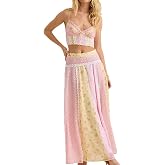 Meileafal Womens 2 Piece Floral Skirt Set Lace Splicing Cami Top and Maxi Skirt Set Boho Vacation Outfits