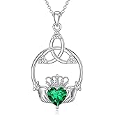 Seiyang Celtic Claddagh Necklace 925 Sterling Silver Celtic Heart Claddagh Pendant Necklace with Birthstones Irish Jewelry Gifts for Women