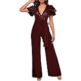 Sequin Jumpsuits for Women Dressy Summer Casual V Neck Short Sleeve Cocktail Club party Wide Leg Romper with Pockets