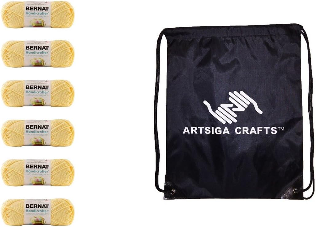 Bernat Knitting Yarn Handicrafter Cotton Solids Pale Yellow 6-Skein (Same Dyelot) 162101-1030 Bundle with 1 Artsiga Crafts Project Bag