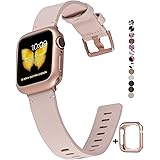 JSGJMY Genuine Leather Band with Case Compatible with Apple Watch 38mm 40mm 42mm 44mm Women Men for iWatch Series 5 4 3 2 1 (