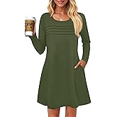Wenrine Womens Long Sleeve Dress Fall Casual T Shirt Loose Fit Pleated Front Mini Dresses with Pockets