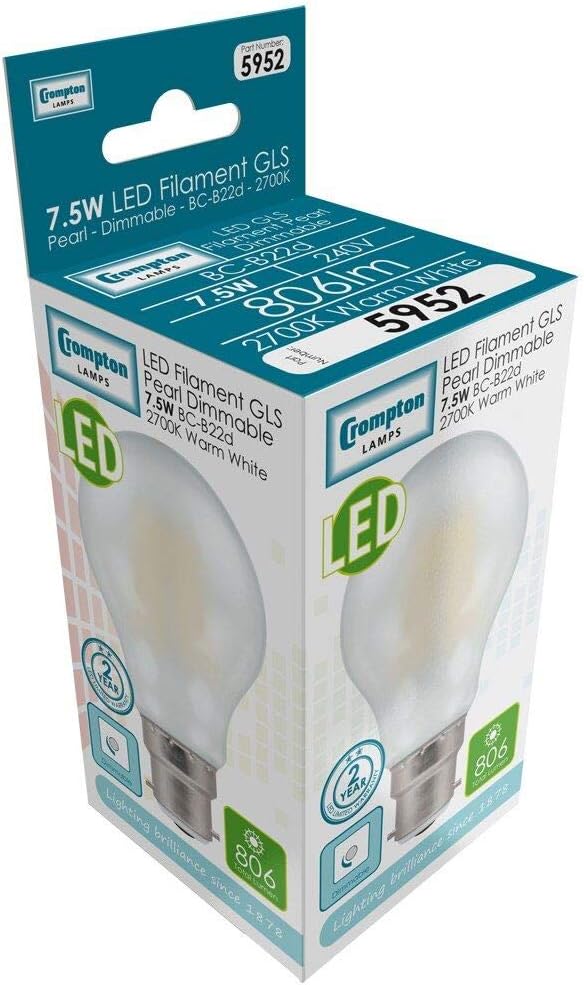 Crompton Lamps LED GLS 7.5W BC-B22d Dimmable Filament (60W Equivalent) 2700K Warm White Pearl 806lm BC Bayonet B22 Frosted Opal Light Bulb - Image 5