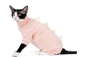 SNIXfever Sphynx Cat Costume, Dinosaur Design Clothes for Cats, Cats & Small Dogs Apparel, Hairless Cats Warm Clothes, Stretchy Fabric Cat Onesie (X-Large, Pink)