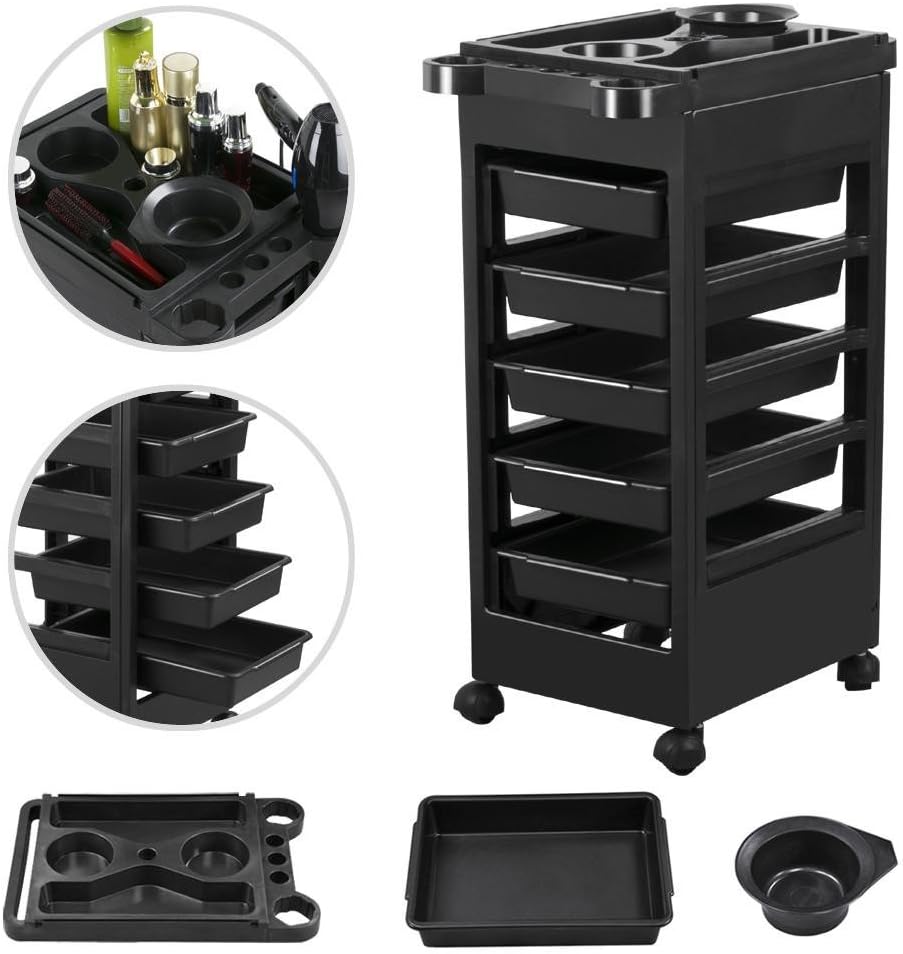 Yaheetech Salon SPA Beauty Hairdressing Rolling Trolley Cart with 5 Drawers Hair Dryer Service Tray Tool Storage Cart Black: Furniture & Decor