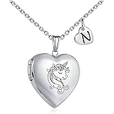 YOUFENG Unicorns Gifts for Her Love Heart Initial Letter Locket Necklace that Holds Pictures Enamel Locket Pendant Gifts for Women