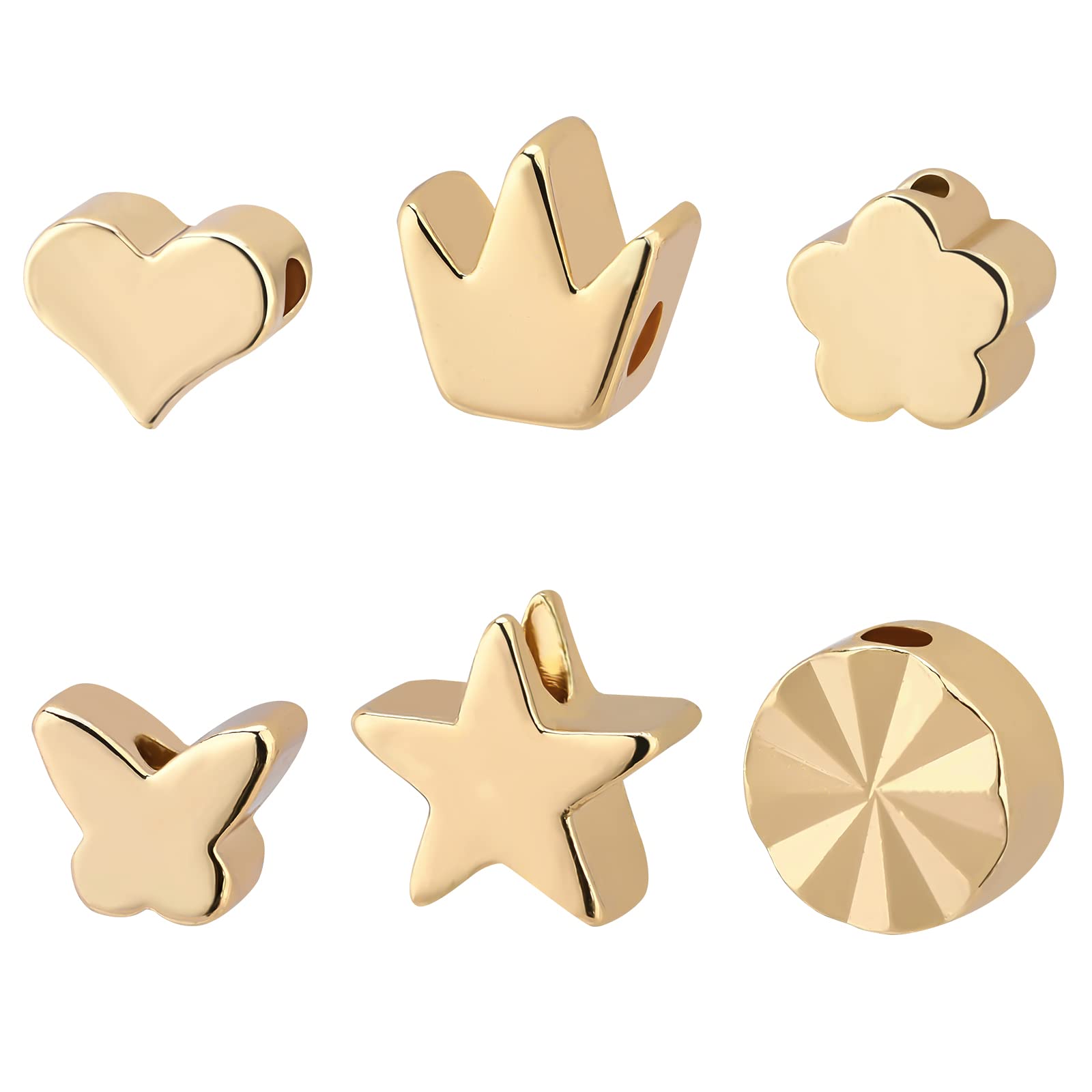 BENECREAT 90Pcs 14K Gold Plated Brass Beads 6 Style Spacer Beads Heart Beads Flower Beads for DIY Bracelet Jewelry Craft Making