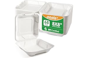 OasisSN 𝟴𝘅𝟴", 𝟲𝟴-𝗣𝗮𝗰𝗸 Disposable Clamshell Take Out Food Containers, Biodegradable Paper To Go Boxes for Burgers, Sandwiches, Fries & More (White)