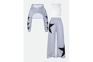 Girls' star printed long sleeved hooded sweatshirt+white vest+long pants set, casual sports three piece set