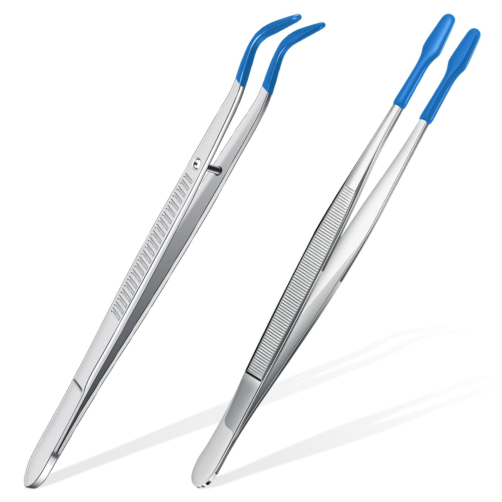 Photo 1 of 2 Piece Tweezers with Rubber Tips Set - Bent and Straight Flat Tips Tweezers PVC Coated for Stamp Coins Jewelry Crafts, Electronics(Silver, Blue)