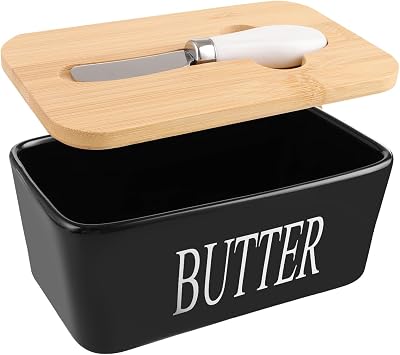 ASelected 650ml Large Black Butter Dish with Lid Porcelain Silicone Seal Cheese