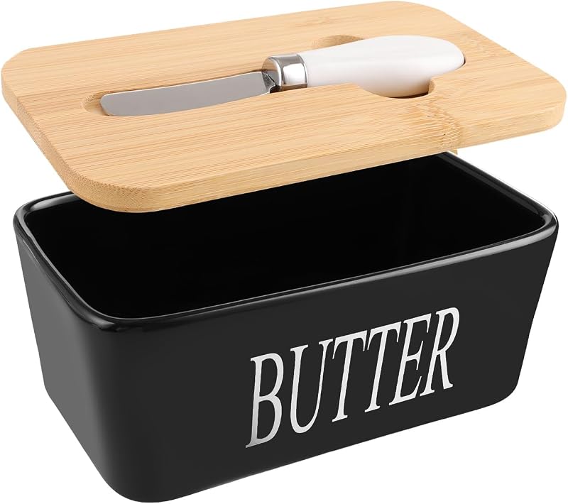 ASelected 650ml Large Black Butter Dish with Lid Porcelain Silicone Seal Cheese