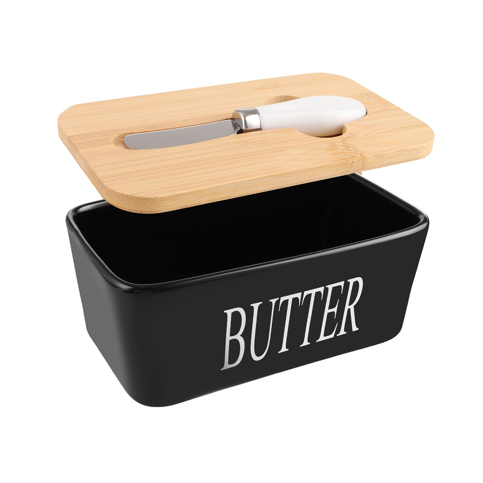 ASelected 650 Ml Large Butter Dish With Lid, Porcelain With Double Silicone Seals Cover for Cheese Storage (Black)