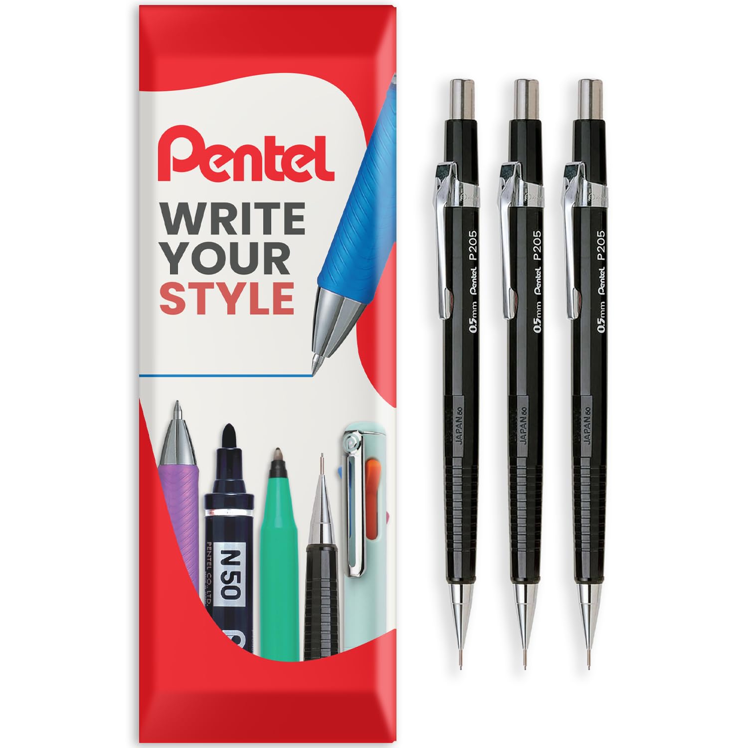 Pentel P200 Series Automatic Mechanical Pencil - Pack of 3 HB Pencils - In Envelope Gift Packaging (P205 (0.5mm))