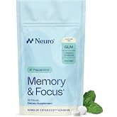 Neuro Memory &amp; Focus Gum, Peppermint, 90 Count | Caffeine Free Brain &amp; Memory Support Supplement, 50mg Cereboost Ginseng &amp; 60mg L-Theanine, B Vitamins, Sugar Free &amp; Vegan