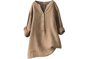 GIERIDUC Women's Cotton Linen Henley Shirts Solid Button Up Long Sleeve Baggy Shirt Casual Loose Blouse Oversiazed Tops 2024