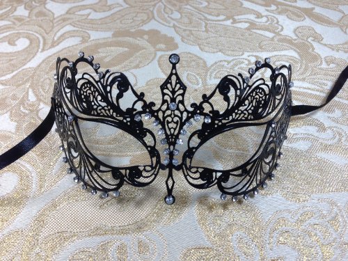 His & Hers Masquerade Couples Venetian Design Masks - 2 Piece Black Colored Set Metal Mask - Perfect Extravagant Couple Mardi Gras Queen Party Halloween Ball Prom by BK