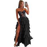 Fashionbride Strapless Tiered Prom Dresses for Teens Cut Out Satin Formal Evening Dress A Line Ball Gown with Slit AP115