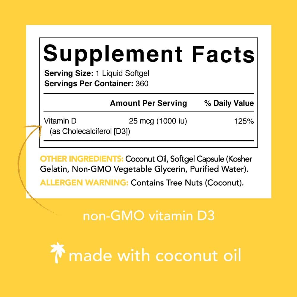 Vitamin D3 (5000iu/125mcg) Infused with Coconut Oil ~ Non-GMO & Gluten Free (360 Mini Liquid Softgels): Health & Personal Care