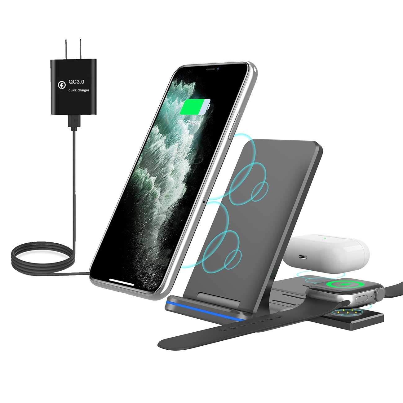 Wireless Charger, bluebyte 3 in 1 Wireless Charging Station for phone,ipod,watch,headset,wireless charging adapter, Qi phone available（with QC3.0 Adapter）