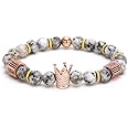 SEVENSTONE 8mm Crown King Charm Bracelet for Men Women Black Matte Onyx Stone Beads, 7.5"