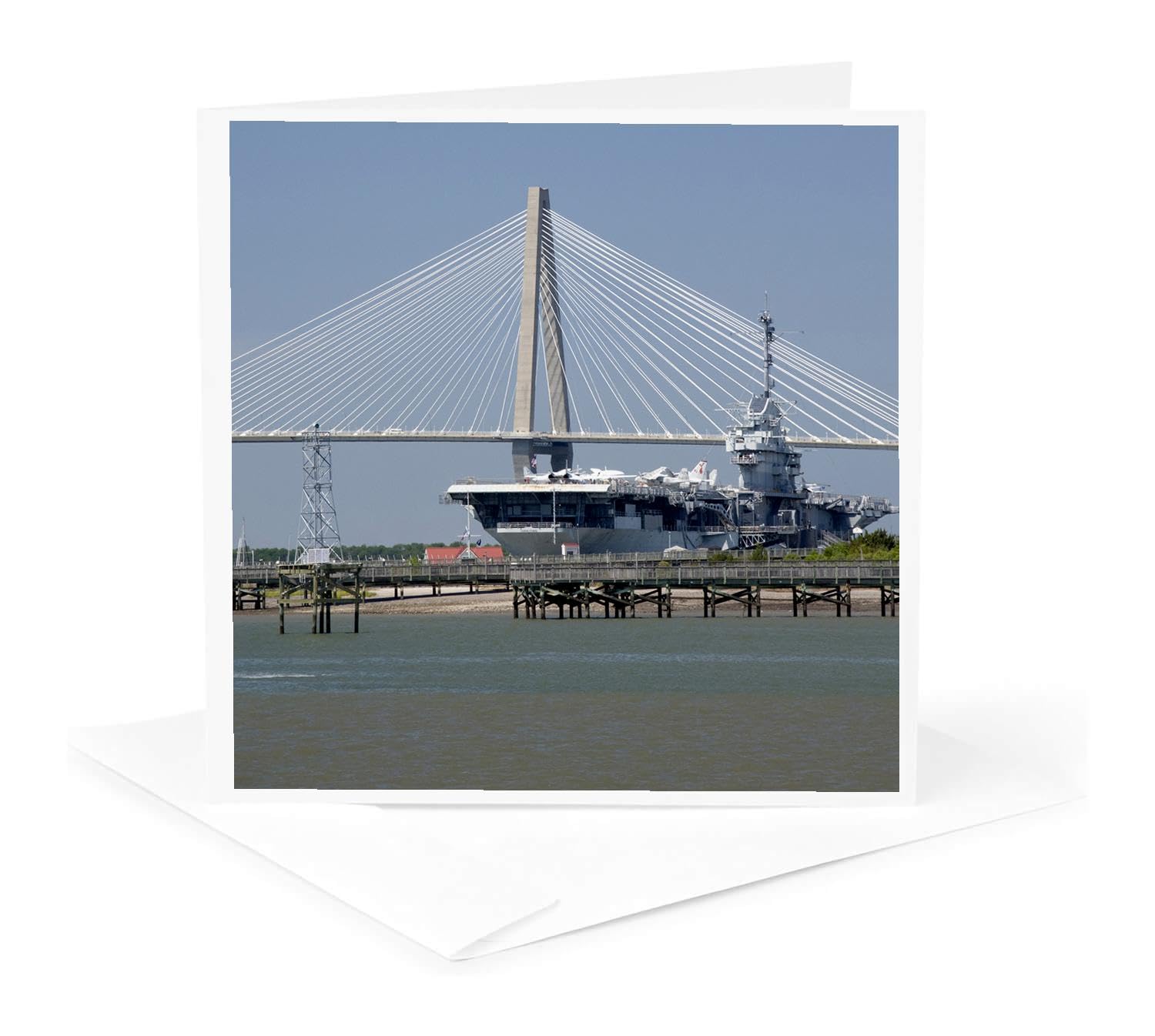3dRose gc_94258_5 6 x 6-Inch "Sc Ravenel Bridge Yorktown Aircraft Carrier - Us41 Cmi0057 - Cindy Miller Hopkins" - Greeting Card