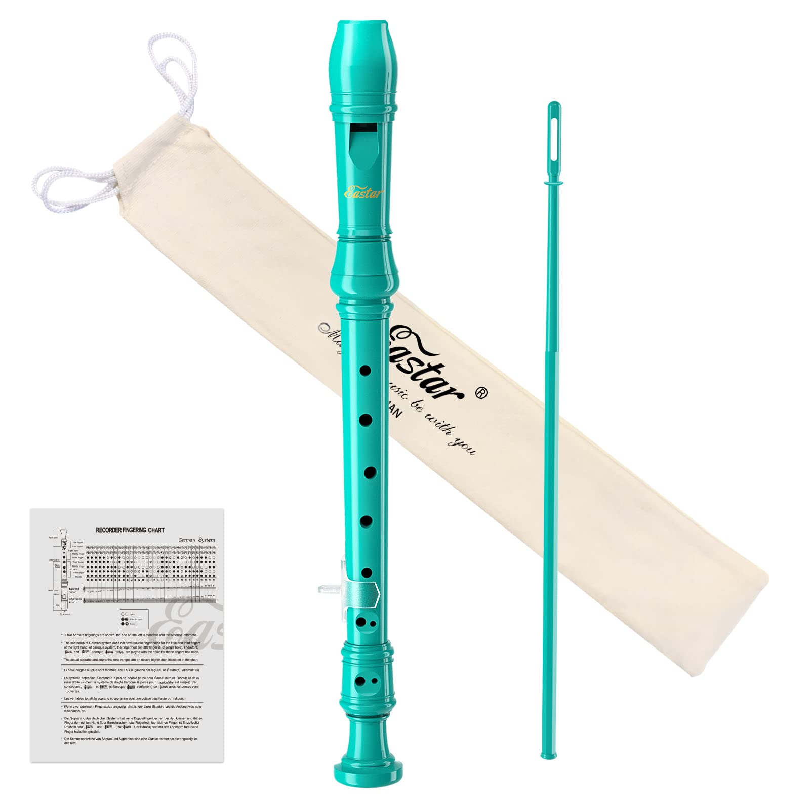 Eastar Soprano Recorder Instrument for Kids Beginner, German Fingering C Key 3 Piece with Thumb Rest, Cotton Bag, Fingering Chart, ERS-21GSB, Sky Blue, School-Approved