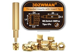 3DZWMAN M2.5 Threaded Inserts for plastic-100Pcs M2.5xL4xD4 with Heat Set Insert Tools-Brass Metric Knurled Nuts for 3D Printing Components and Plastic Parts