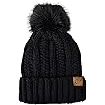 C.C Thick Cable Knit Faux Fuzzy Fur Pom Fleece Lined Skull Cap Cuff Beanie