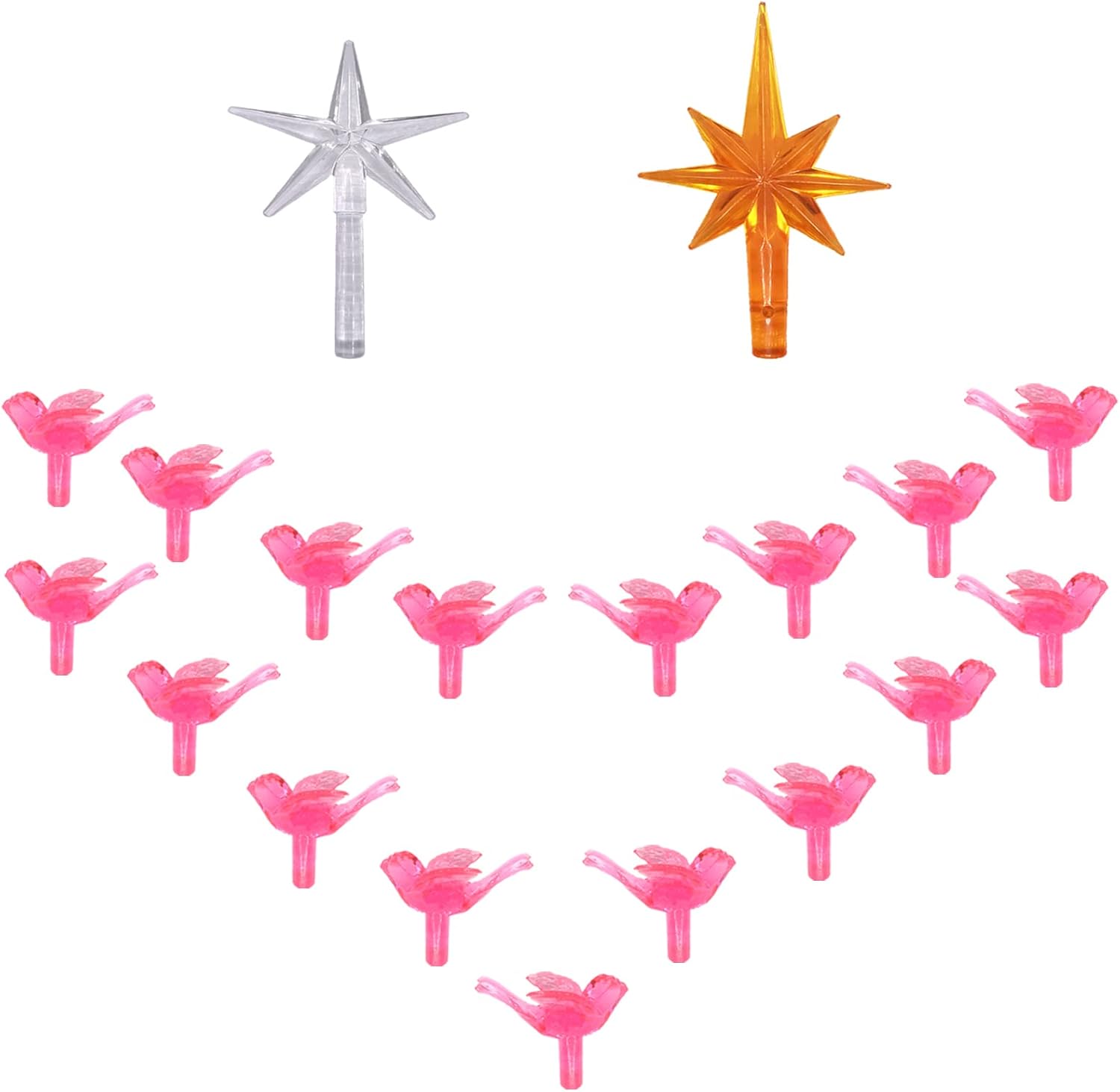 Tree Toppers - 117Pcs Ceramic Christmas Tree Pink Bird Replacement Lights Bulbs and 2Pcs Stars Tree Topper for Retro Ceramic Tree Ornaments- Tree Pegs Accessories.