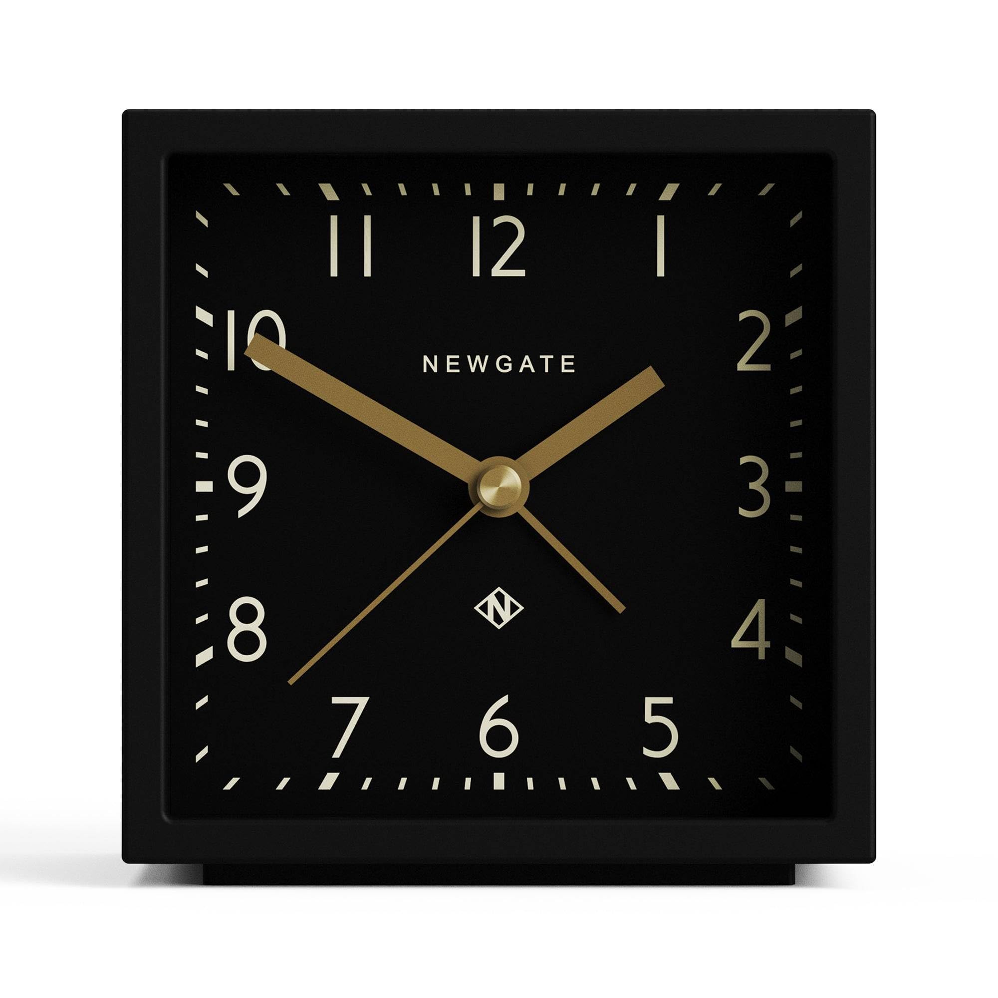 NEWGATE® Equinox alarm clock | Design-led cube shaped modern alarm | Black case | Black dial | Ideal for bedside, desk, shelf & mantel | Mid-century bedroom & office accessory