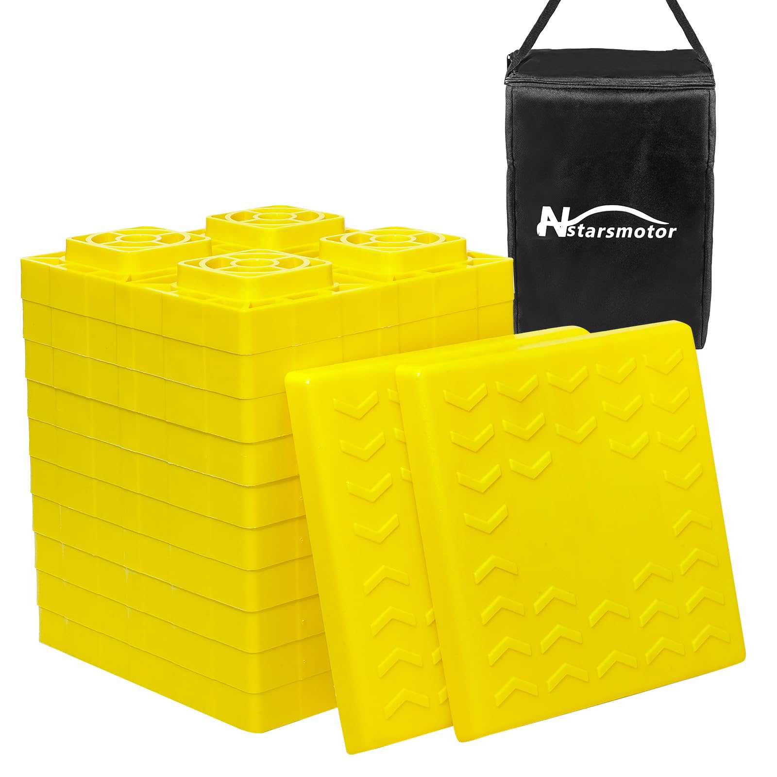 Photo 1 of Nstarsmotor RV Leveling Blocks, Heavy Duty Camper Leveling Blocks with Carrying Bag, Interlocking Design for Single and Dual Wheels (12 Pack), Customizable Height, 8.6" x 8.6" x 1.5" - Yellow