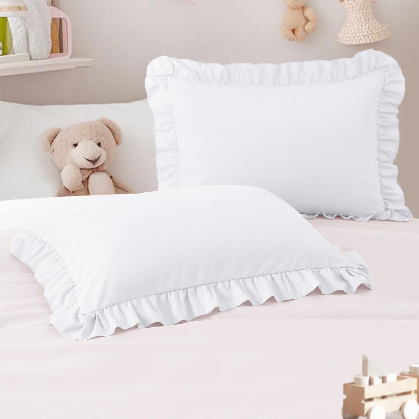 Photo 1 of Cobedzy 13"x18" Toddler Pillow Cases Set of 2, White Ruffled Pillow Shams Brushed Microfiber Nursery Pillow Cover for Boys Girls, Soft Breathable Machine Washable