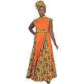 ABCWAX African Dresses for Women Long Skirt Traditional Ankara Kente Print Casual with Scarf